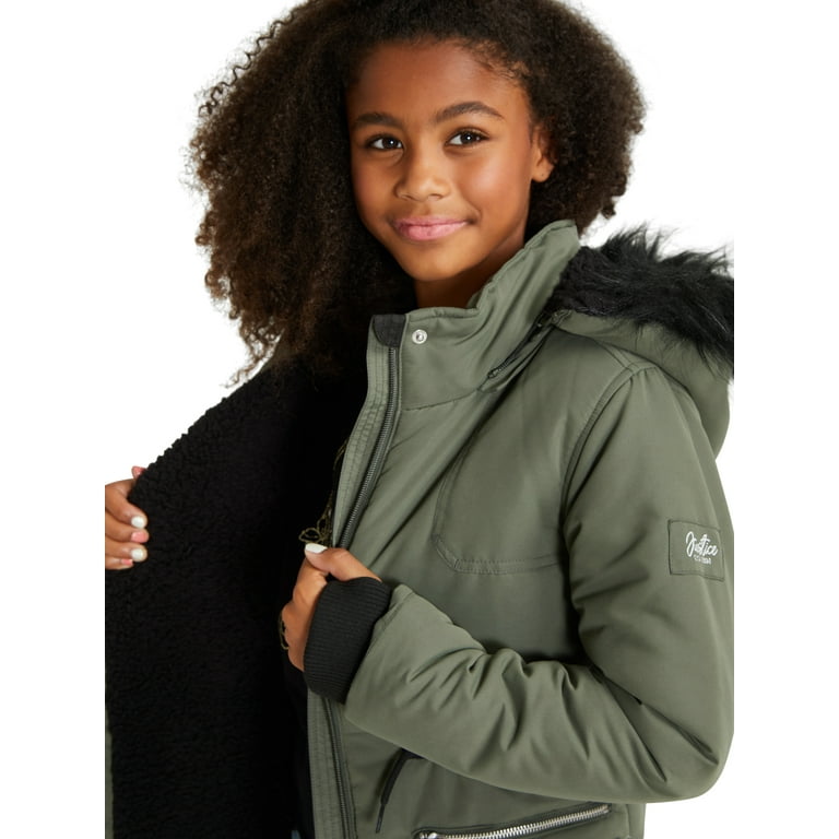 Justice Girls Water-Resistant Canvas Faux Fur Pile-Lined Parka Jacket with  Hood, Sizes 5-18 