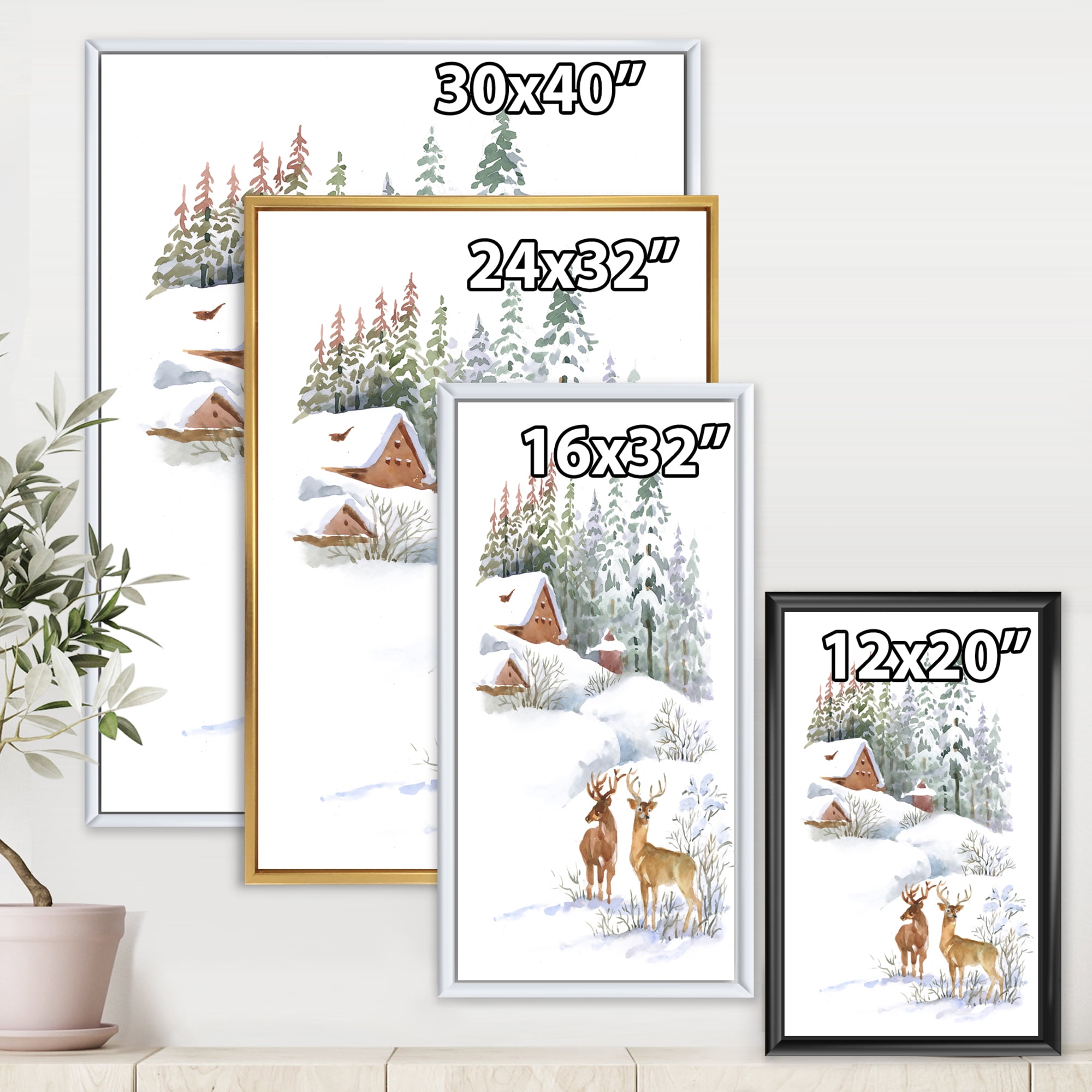 Designart 'Two Deers With Winter Cottage' Farmhouse Framed Canvas Wall Art Print