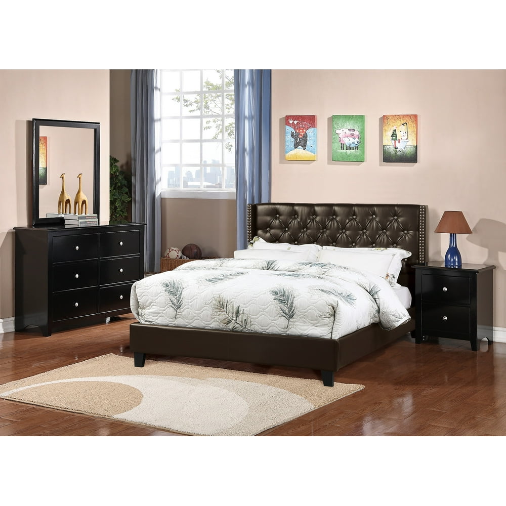 Bedroom furniture Espresso Faux Leather Full Size bed Dresser Mirror