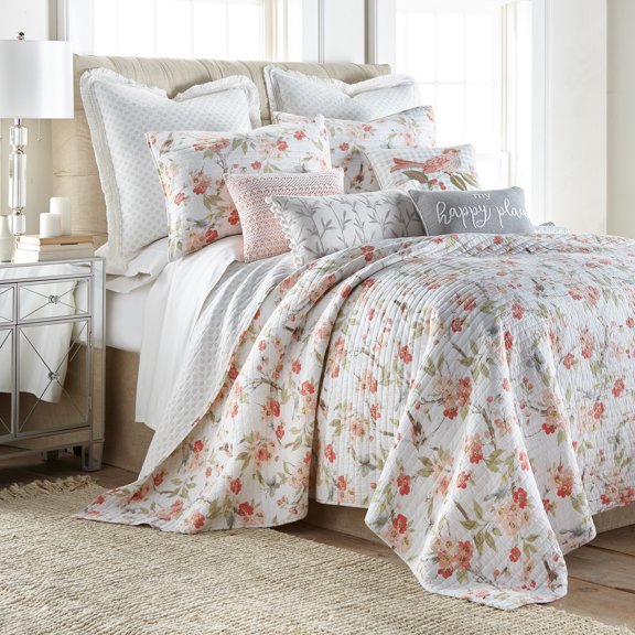 Levtex Home - Pippa Quilt Set - Full/Queen Quilt (88x92in.) Two Standard Pillow Shams (20x26in.) - Floral Birds - Salmon, Blush, Pink and Grey - Reversible - Cotton Fabric