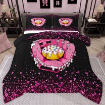 jejeloiu Pink Baseball Glove Queen Comforter Set,Ball Sport Lover Bedding Comforter Set For Girls Kids Reversible 3pcs