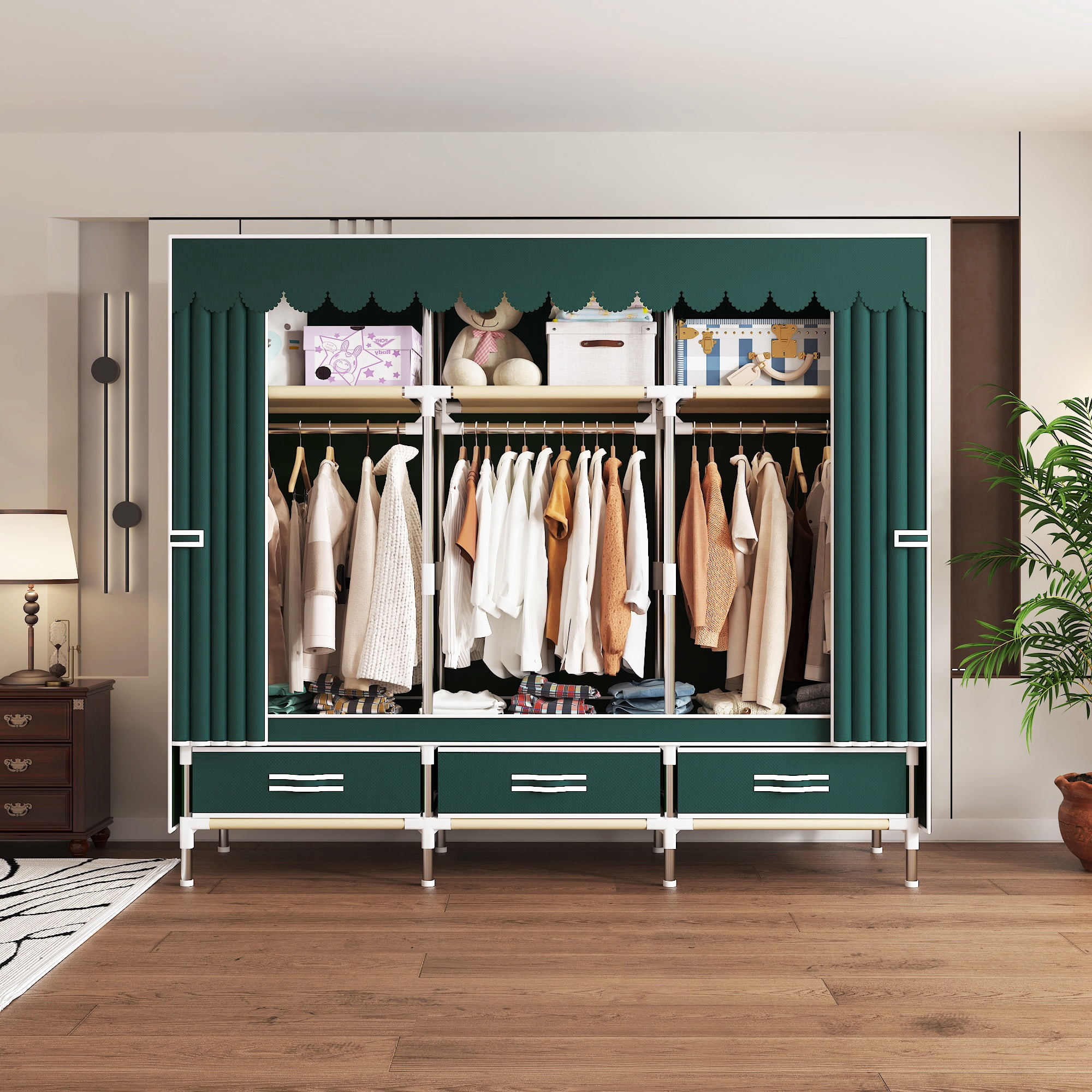 ArluKin 59Inch Portable Wardrobe Closet, 3 Storage Spaces with 3 Hanging Rods,3 Drawers，Steel Frame Fabric Organizer, Easy Assembly and Dust Resistant Design, green