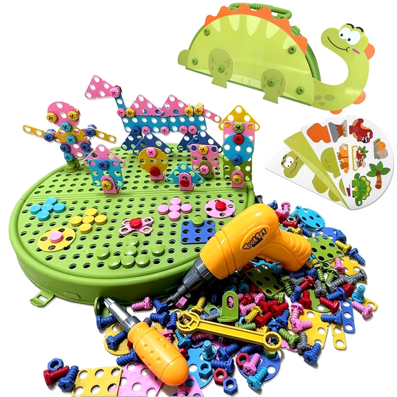 Richgv STEM Design and Drill Toy for Kids, Montessori Play Toolbox Dinosaur with Electric Drill, Building Toy Learning Toys Gift for Boy Girl, 211pcs