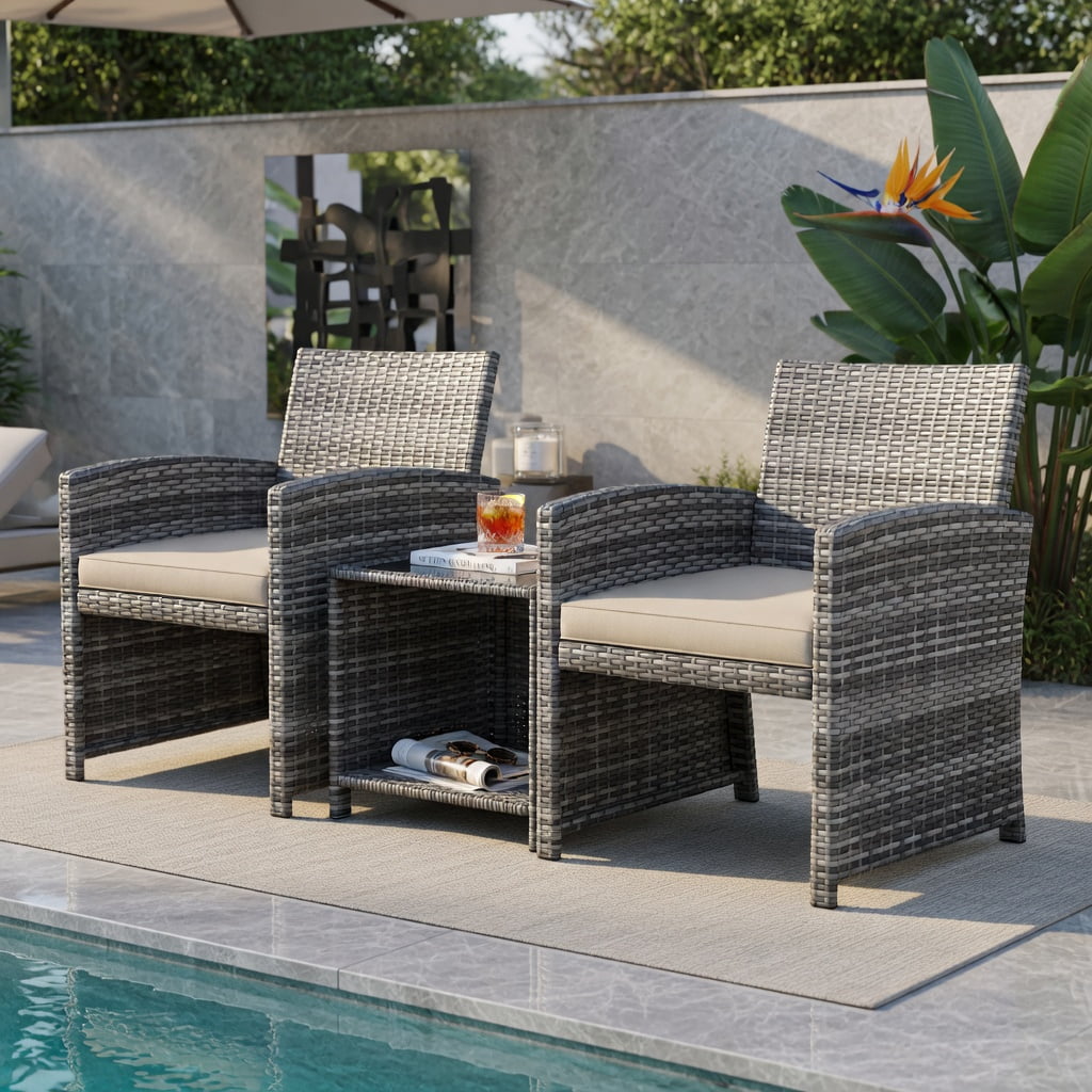 Hommoo 3-Piece Outdoor Patio Furniture Set, PE Rattan Sofa Chairs with Tempered Glass Coffee Table, Weather-Resistant Wicker for Porch, Poolside & Backyard, White