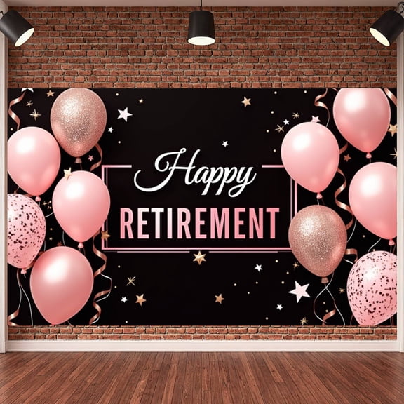 Pink Balloons Happy Retirement Banner Gold Stars Retirement Display Glittery Design Ribbon Decor Festive Backdrop for Retirement Party Farewell Celebration Office Party