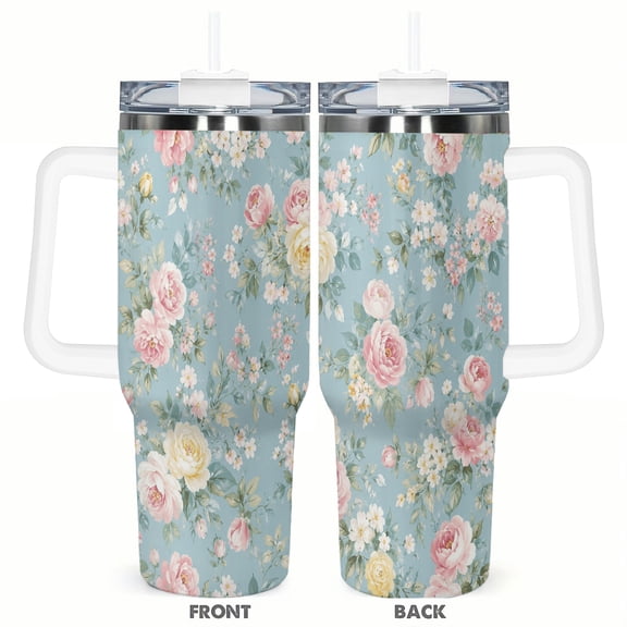 Blue Floral Rose 40oz Car Tumbler Insulated Travel Cup with Handle and Straw Stainless Steel Vacuum Coffee Cup Elegant Vintage Flower Gift for Her