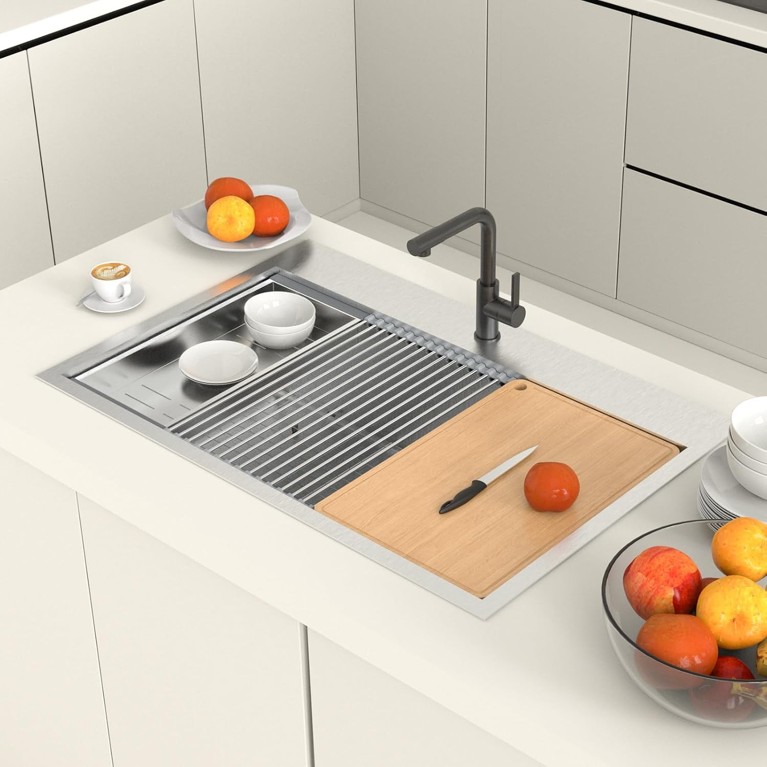 Ktaxon 33 Inch Drop-In Workstation Kitchen Sink, Stainless Steel Deep Single Bowl Utility Sink with Integrated Ledge, Multifunctional Accessories Set, Silver