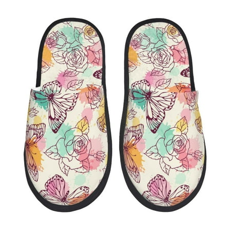 Balery Butterflies and Roses Slient Indoor Furry Fleece Comfort House Shoes Soft Non-Slip Home Shoes Cotton slippers House Slippers-- Large