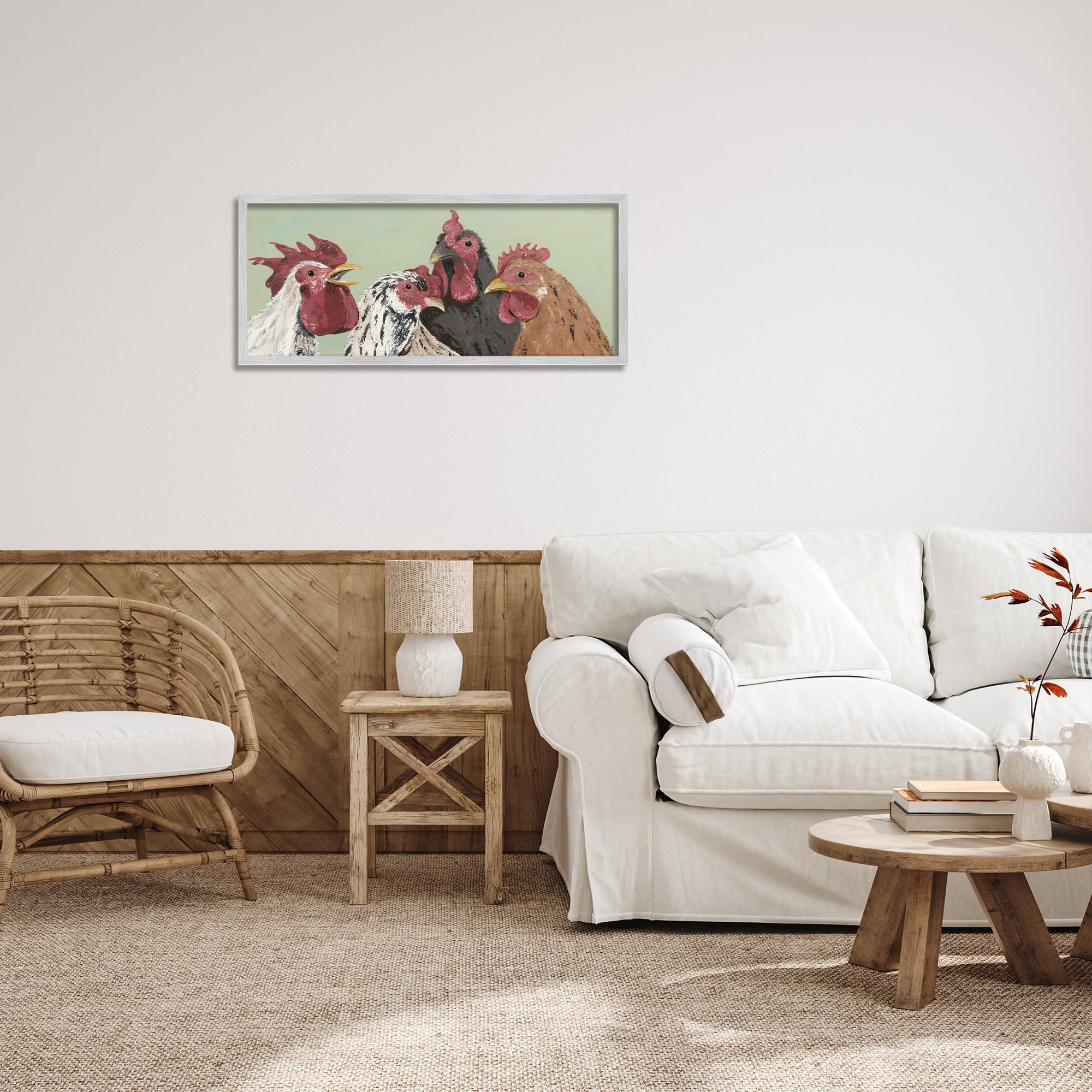 Stupell Industries Four Roosters over Green Animals & Insects Painting Gray Framed Art Print Wall Art, 30 x 13