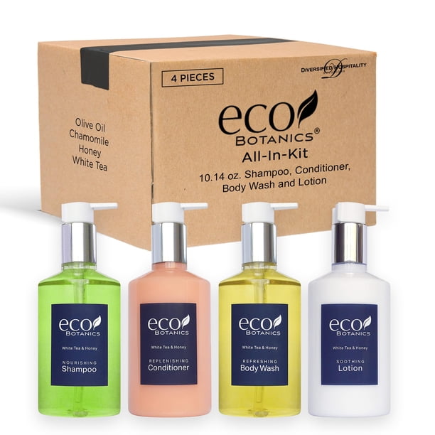 Juego de Amenidades Eco Botanics 10.14 oz. Bombas (1 de cada una) Champú Acondicionador Jabón y loción para manos/cuerpo (Juego de 4)