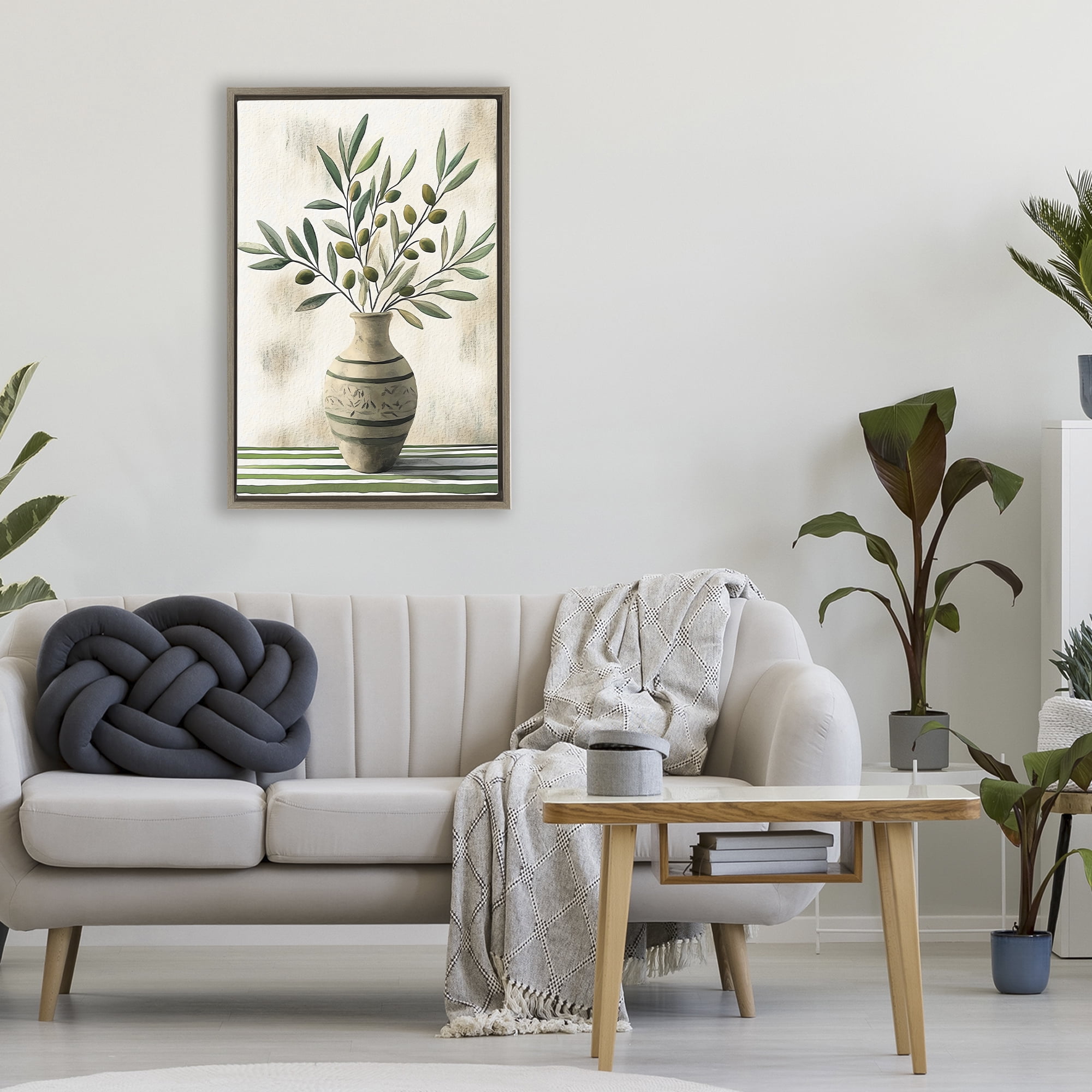 Stupell Industries Vase of Olive Branches Brown Framed Floater Canvas Wall Art, design by Creative Studio