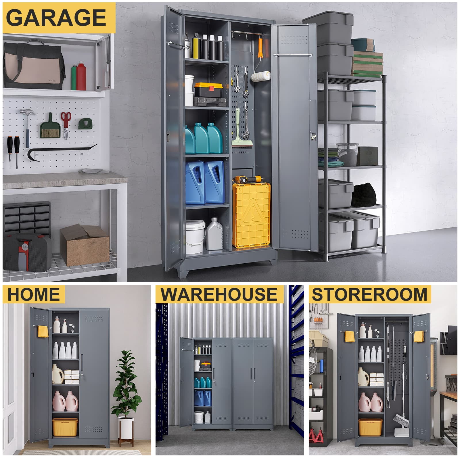 Aukfa 72" Metal Garage Storage Cabinets, Lockable Broom Closet Storage Cabinet with Shelves for Basement/Office/Laundry Room, Gray