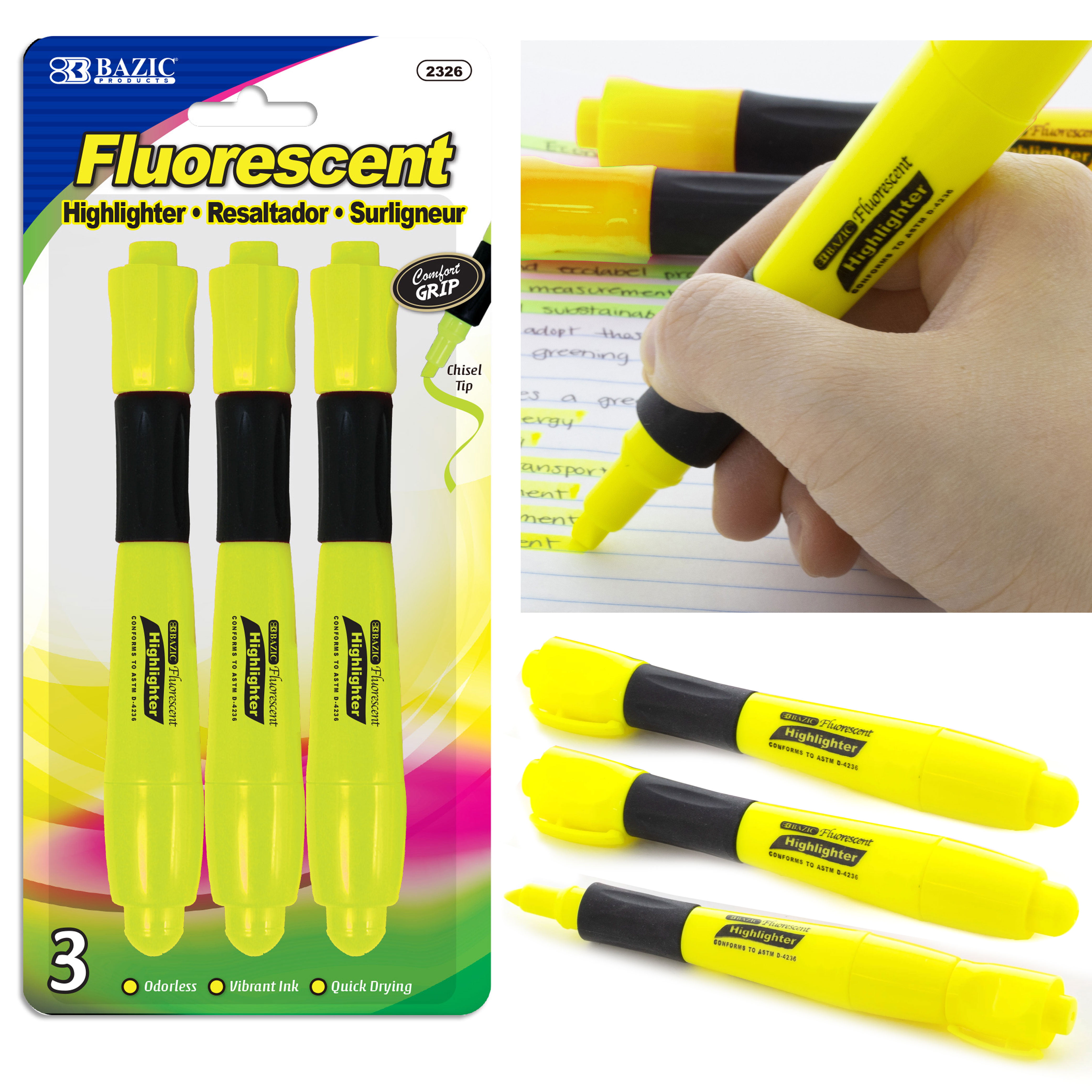 3Pc Highlighter Marker Pens DOUBLE-ENDED Neon Colours Chisel Tip High Lighter 