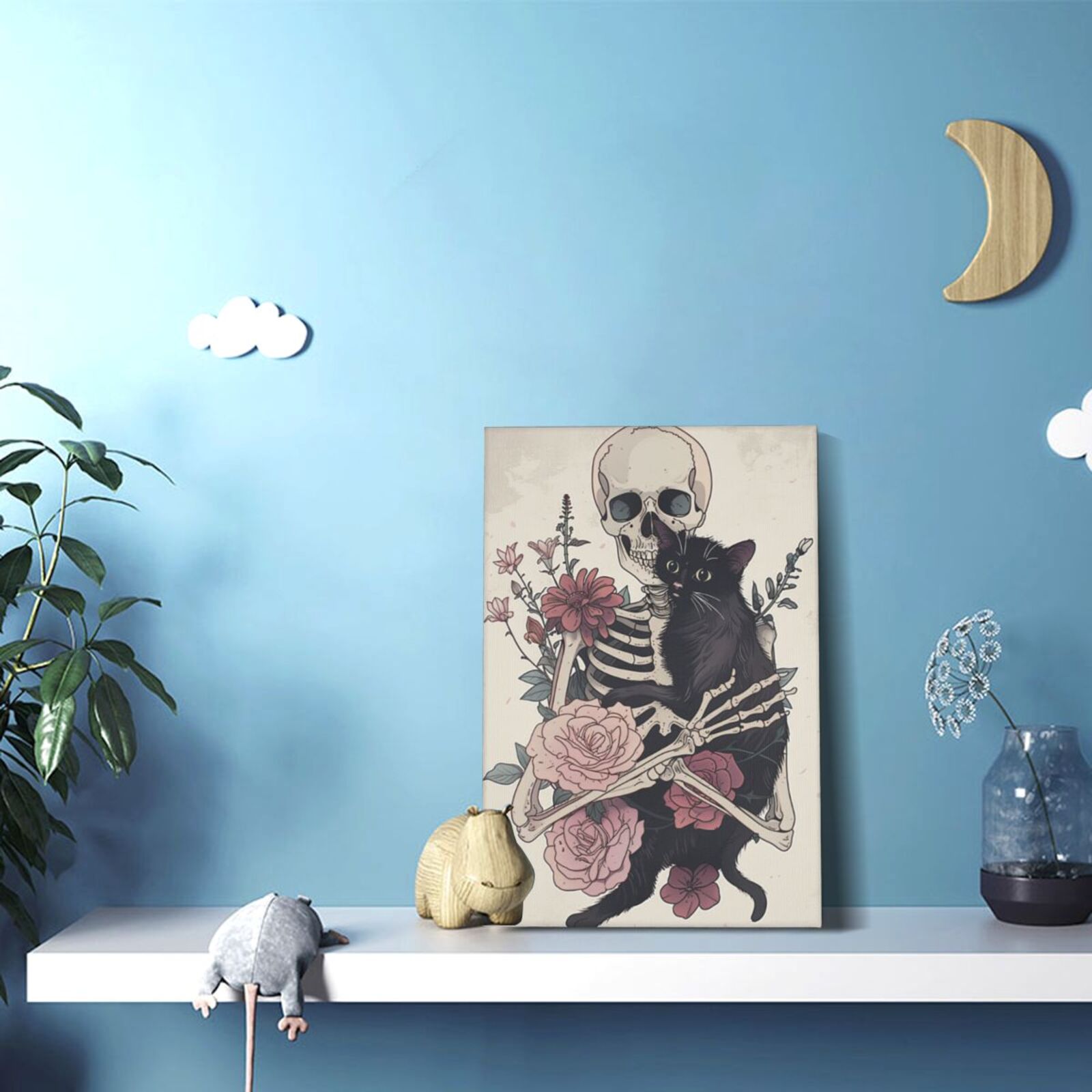 12x18 inch Canvas Painting Flowers Skeletons & Black Cat Garden Yard Decor,Living Room,Man Cave,Bar,Yard Garden Decor Posters & Prints,Funny Skeletons & Black Cat Paintings Canvas Decor Gift