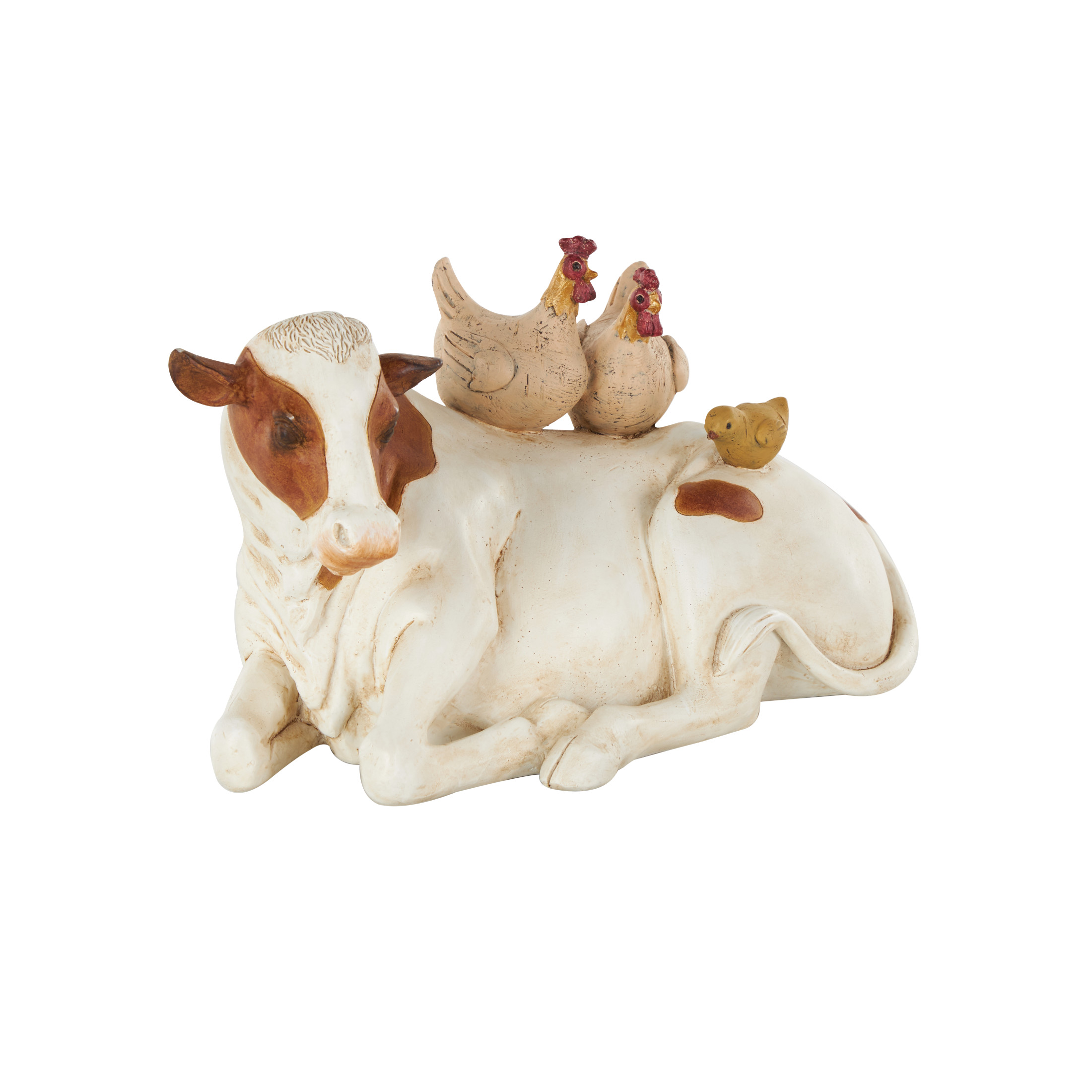 11" x 6" Cream Polyresin Sleeping Cow Sculpture with Sitting Roosters and Chicks, by DecMode