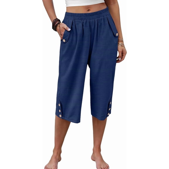BAKREP Womens Wide Leg Capri Pants Elastic Waist Casual Loose Lounge Trousers Summer Flowy Beach Vacation Clothes