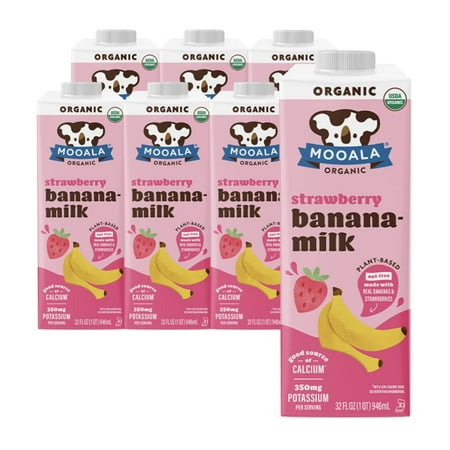 Mooala Organic Strawberry Bananamilk, 1L (Pack of 6) Shelf-Stable, Non-Dairy, Nut-Free, Gluten-Free, Plant-Based Beverage with No Added Sugar