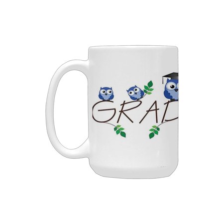 

Graduation Graduation Text with Cute Owls and Leaves Humor Midterms Kids Nursery Theme Blue White Ceramic Mug (15 OZ) (Made In USA)