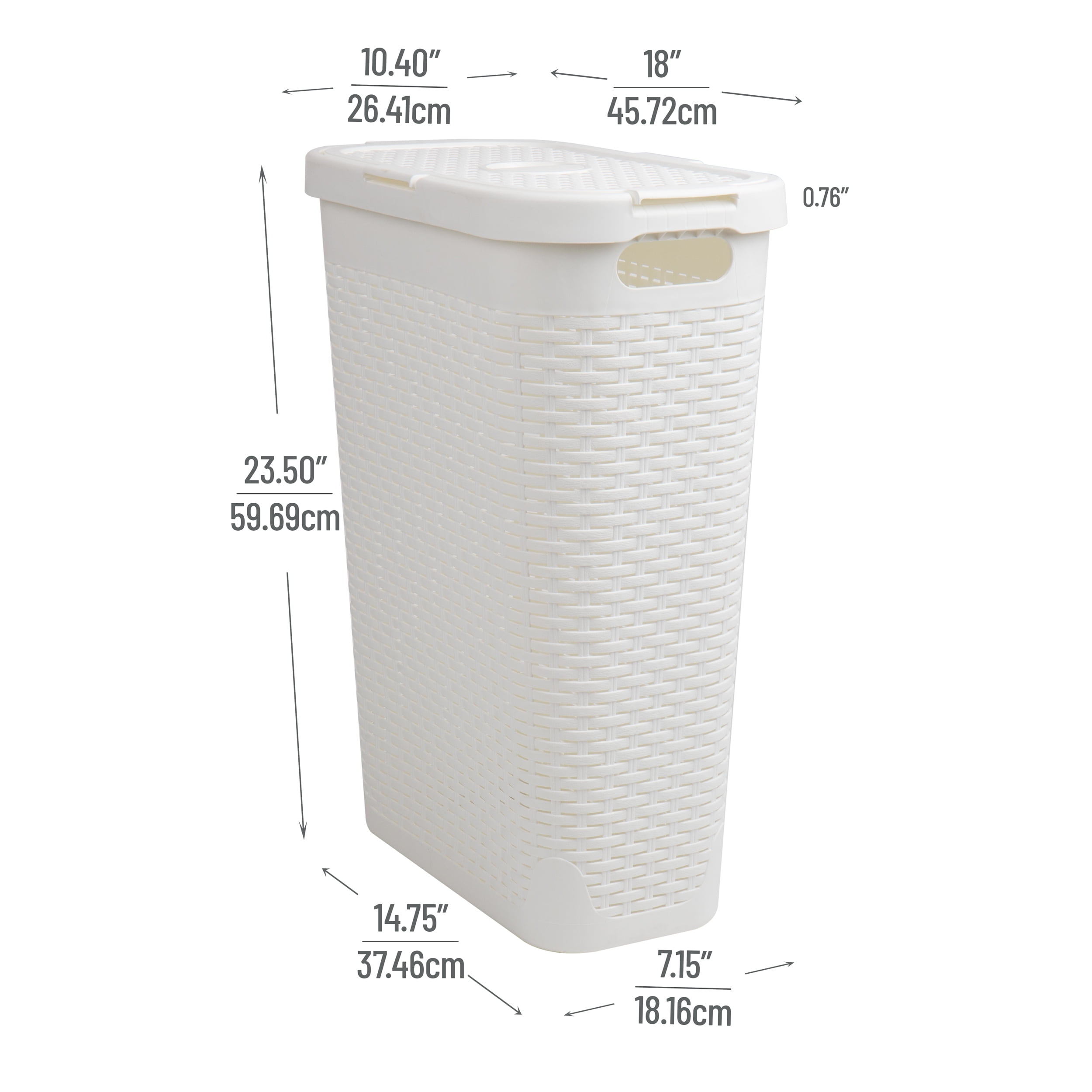 Mind Reader 40L Slim Laundry Hamper, Clothes Basket, Lid, Wicker Design, Plastic, 18"L x 10.4"W x 23.5"H, Set of 2, White