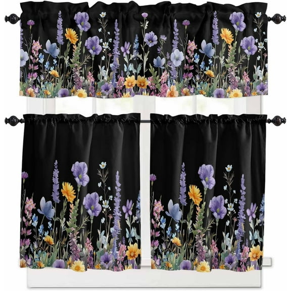 Purple Flowers Kitchen Curtains and Valances Set, Rod Pocket Curtains Tier Farmhouse Window Curtains 24 Inch Length, Watercolor Botanical Floral Leaves Herbs 3 Piece Kitchen Curtains Set