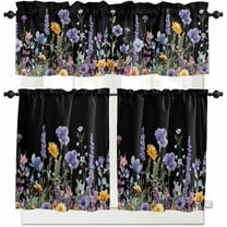 Purple Flowers Kitchen Curtains and Valances Set, Rod Pocket Curtains Tier Farmhouse Window Curtains 24 Inch Length, Watercolor Botanical Floral Leaves Herbs 3 Piece Kitchen Curtains Set