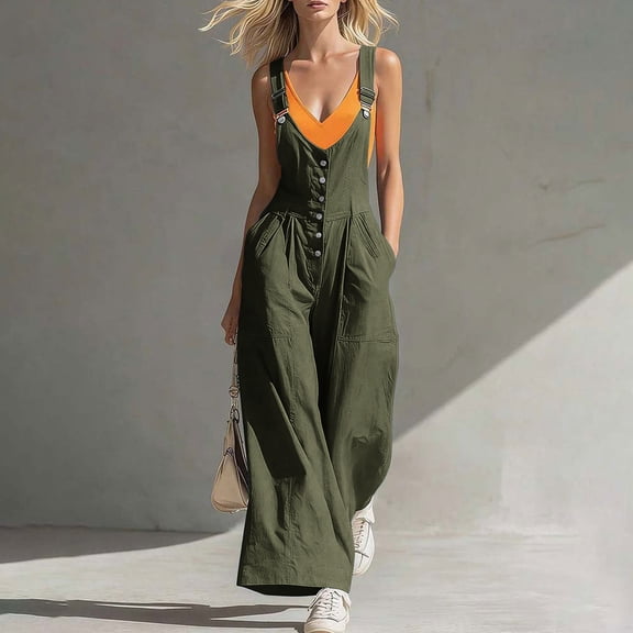ClodeEU Women's Wide Leg Cargo Jumpsuit with Pockets ,Casual Loose Trendy Romper Army Green,Women's Plus L