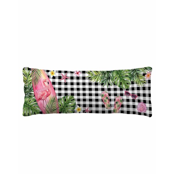 Summer Flamingo Body Pillow Cover 20 x 60 Inch Decorative Pillow Cover Tropical Plants Botanical Floral Black Plaid Lumbar Pillowcase Seasonal Rectangle Cushion Case for Couch Sofa Bed Living Room