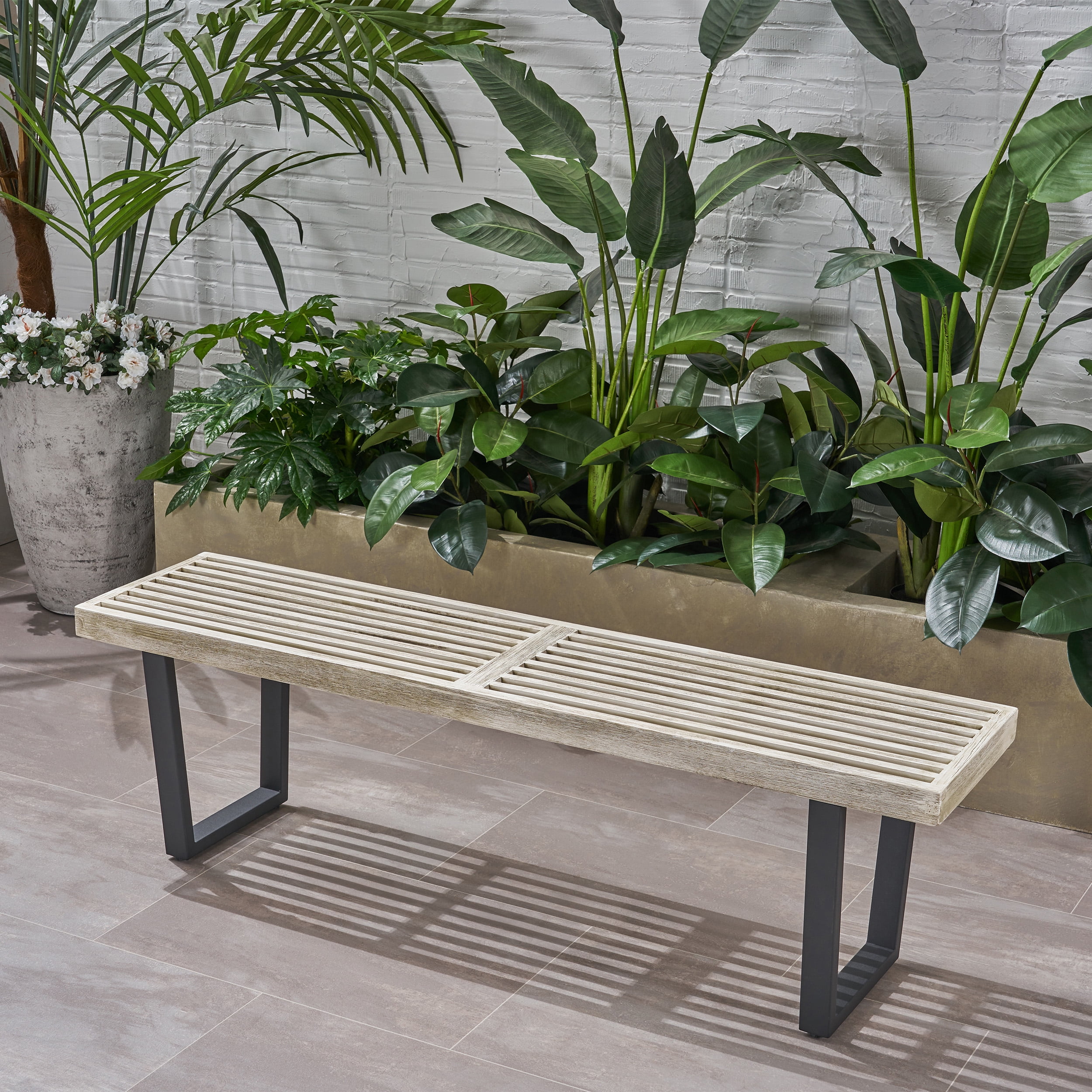 Outdoor Bench with Acacia Wood Seat and Iron Legs, Patio Dining Bench and Garden Seating for 3 People, Light Gray Wash and Black