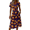 thumbnail image 4 of Halloween Dresses for Women Witch Hat Short Sleeve Ghost Cute Wedding Guest Dress Pumpkin V Neck Casual Wrap Dresses 2XL, 4 of 5