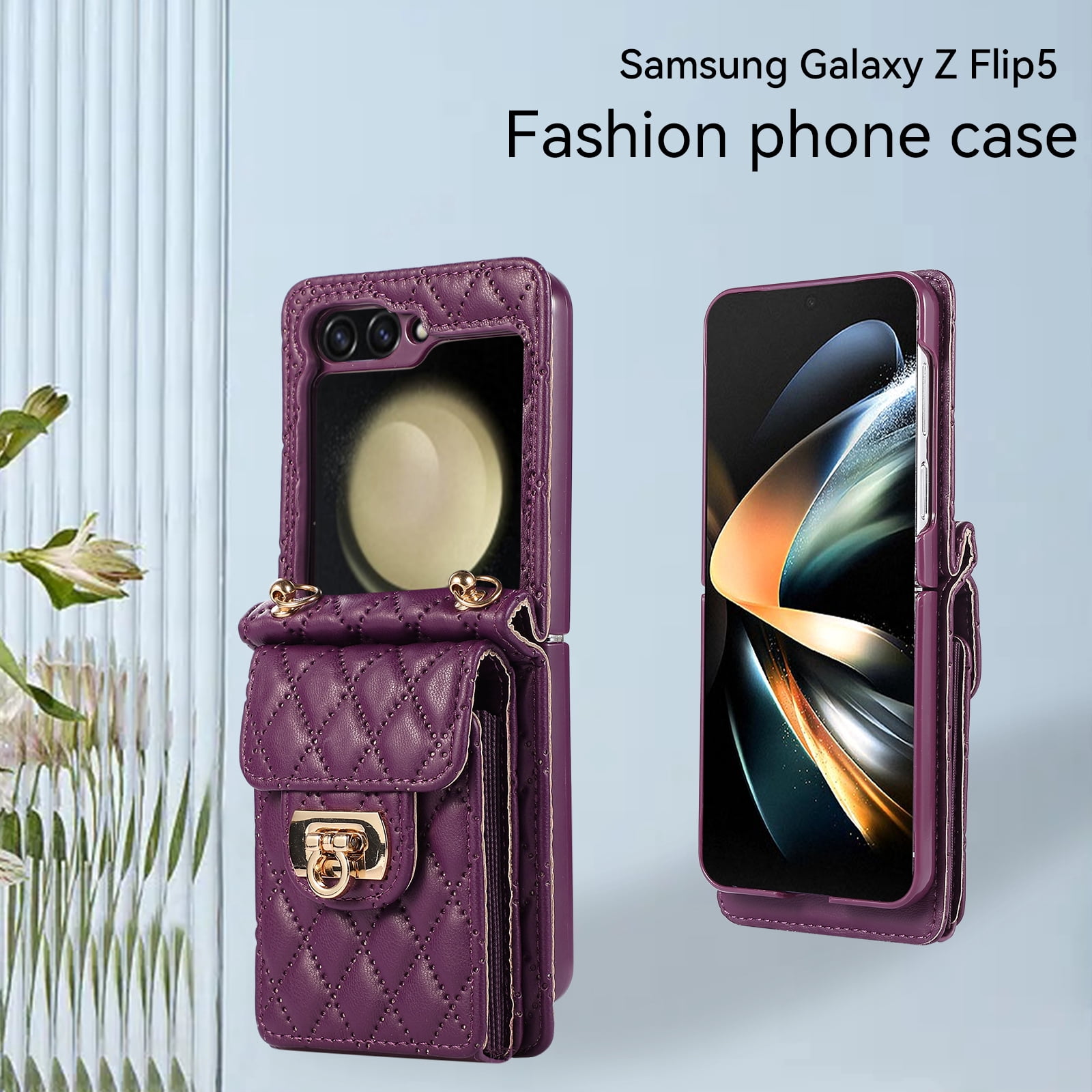 Decase For Samsung Galaxy Z Flip 5 5G Leather Wallet Case, PU Leather Shockproof Case with Crossbody Strap, Back Built in Stand Wallet Credit Card Holder Slots Phone Cover,Deep Purple