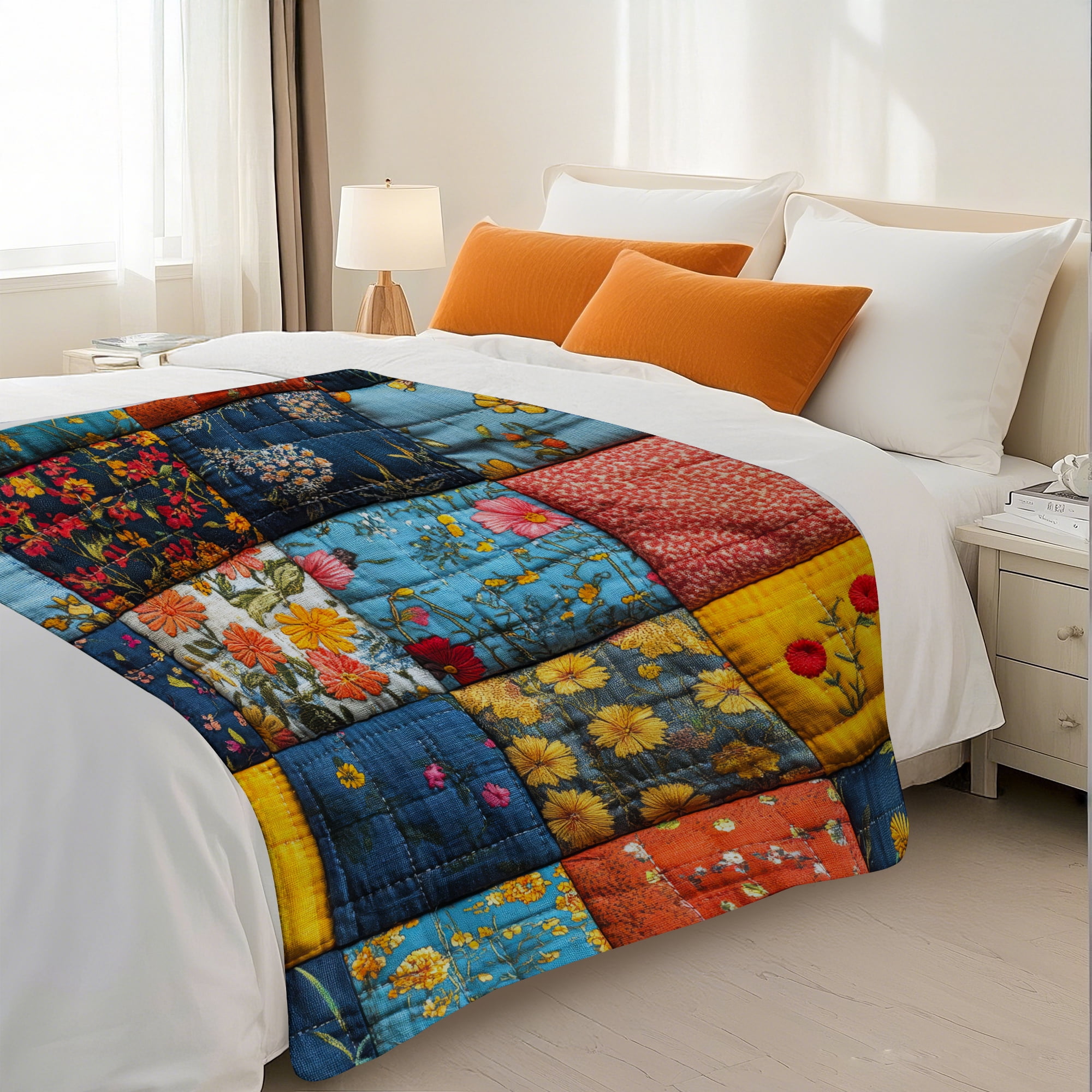 Sherpa Fleece Twin Blanket 60"x80" Reversible Plush Fluffy Blanket, Double-Layer Super Soft Flannel Blanket for Sofa, Couch, Bed, Patchwork Floral Pattern