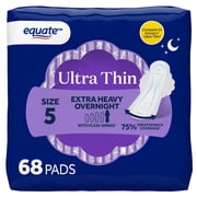 Equate Ultra Thin Pads with Wings, Size 5 , Extra Heavy Overnight Absorbency, Compare to Always (68 Count)