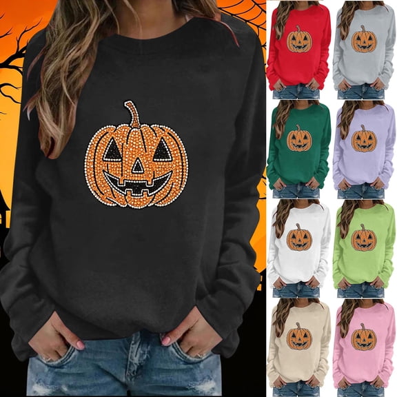 Lutiedan Halloween Sweatshirts for Women Ghost Pumpkin Rhinestone Graphic Pullover Shirt Long Sleeve Crewneck Spooky Top,L