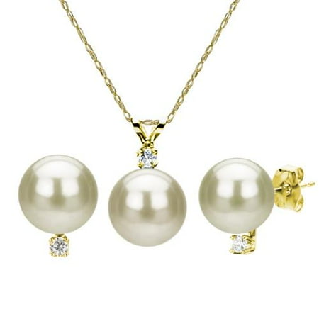DaVonna 14k Gold Cultured Pearl and Diamond Earrings/ Necklace Set (7-7.5 mm/ 18 in) - White