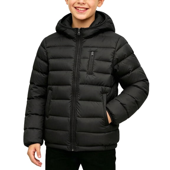 VEKDONE Big Boys Girls Puffer Jacket Lightweight Full Zip Hooded Warm Winter Coat for Snow Play and Cold Weather Outdoor Black,14-15 Years