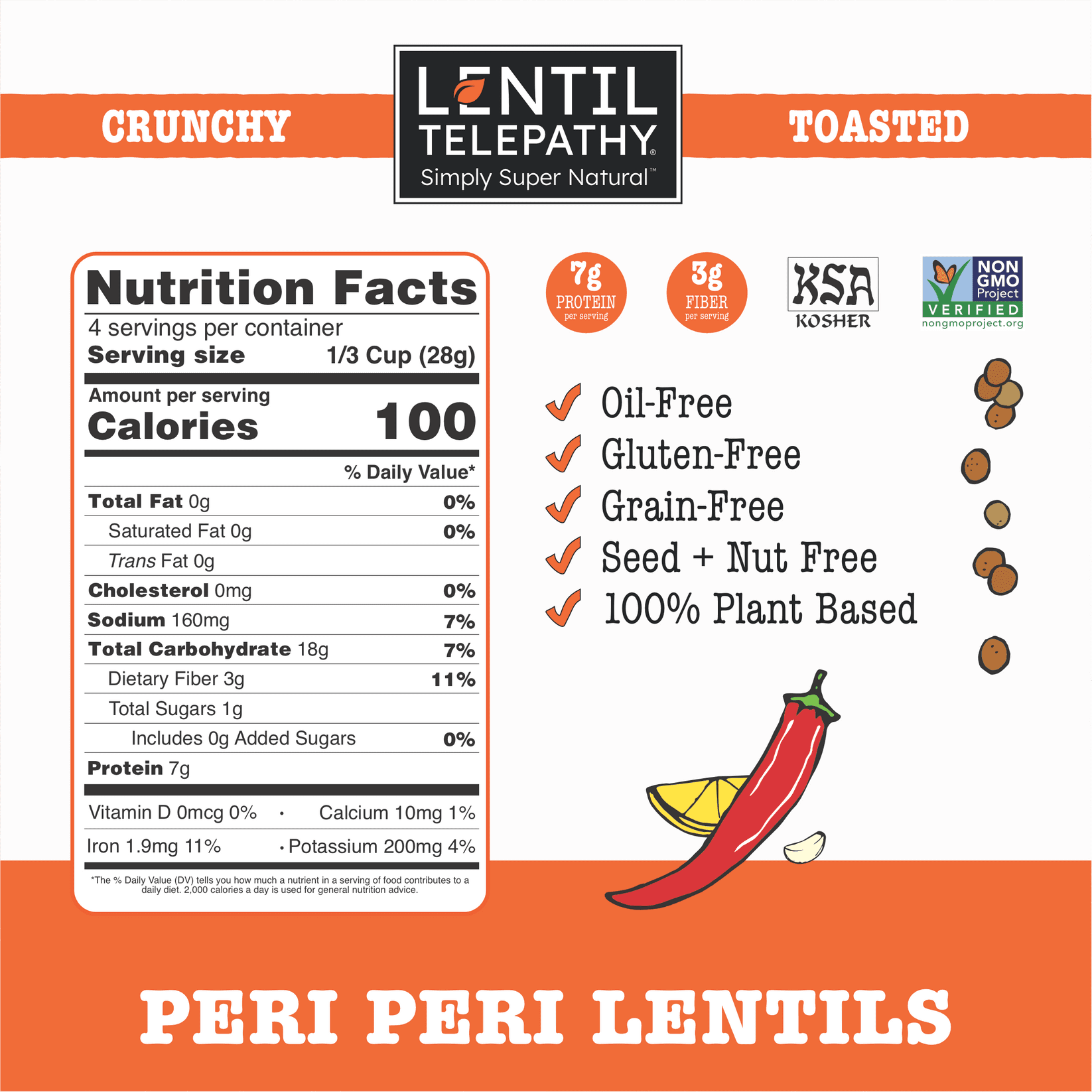 Lentil Telepathy Crunchy Toasted Snacks - Healthy Low Calorie Snacks, 100% Plant-Based Gluten Free Ready to Eat Straight from the Bag, Non-GMO, 4 Ounce Bags (W) (Peri-PeriChiliLemon3Pack)