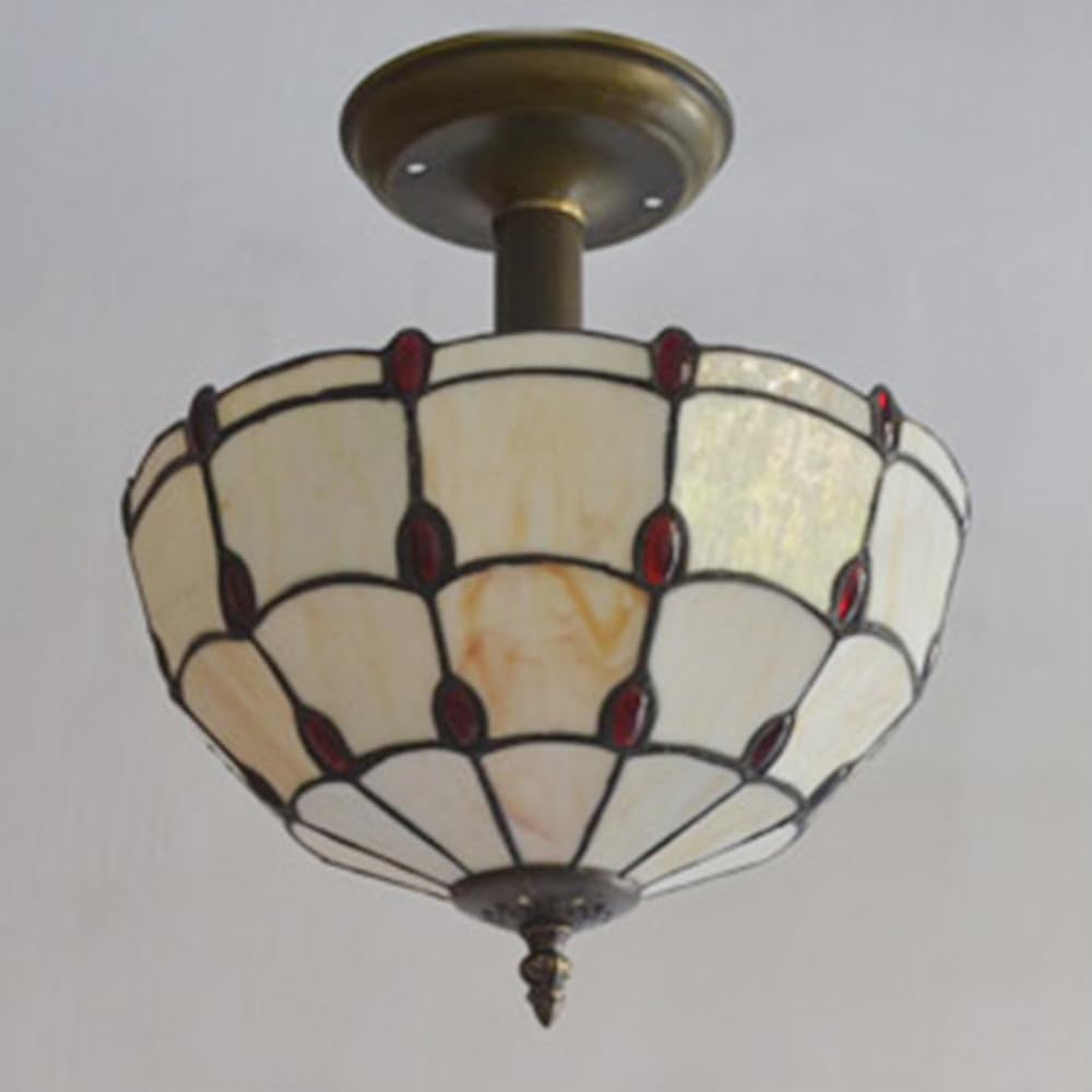 Kiven 11.8in Plug-in Flush Mount Ceiling Light Fixture, 2-Light Anti Glare Close to Ceiling Light with 15FT Cord, Tiffany-Style Glass Chandelier Dimmable for Bedroom Kitchen Hallway(No.3185)