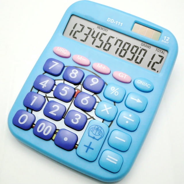 Calculadora linda de dibujos animados de 12 dígitos claros de fácil acceso para niños, calculadora pequeña con pantalla LCD azul cielo