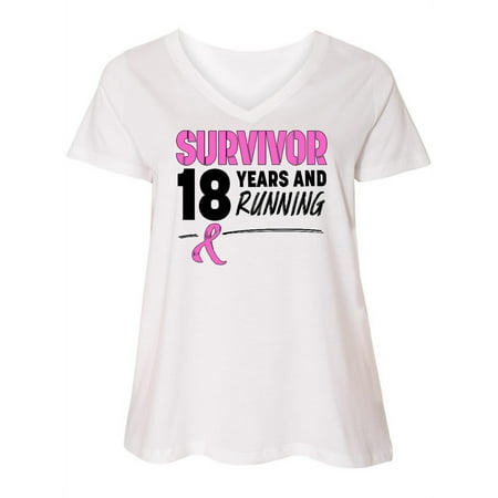 

Inktastic Breast Cancer Survivor 18 Years and Running with Pink Ribbon Women s Plus Size V-Neck