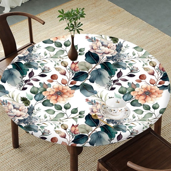 Vintage Floral Round Tablecloth – Fitted Circle Table Cover with Elastic Edge, Waterproof & Washable Polyester Table Cloth for 35" to 42" Indoor/Outdoor Tables