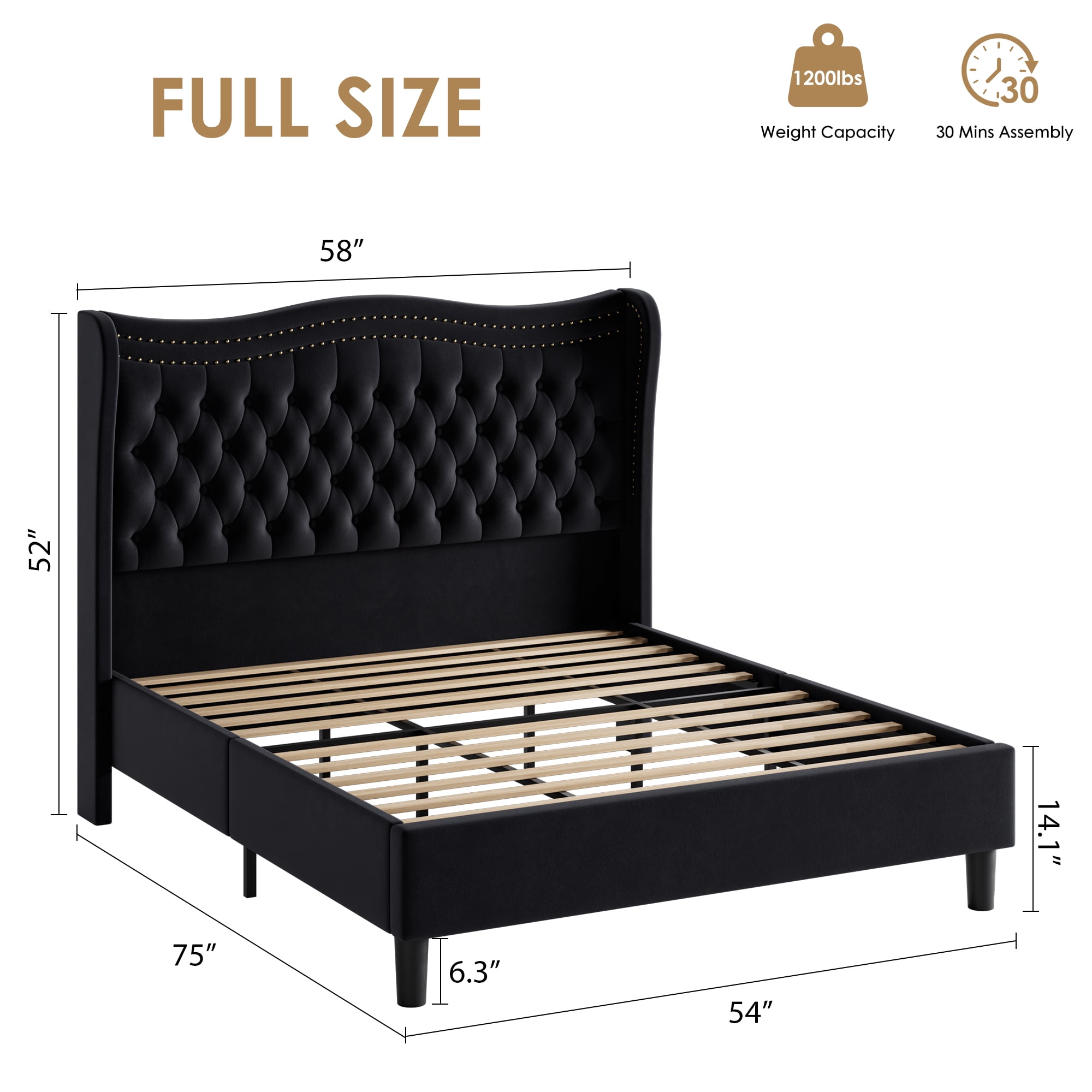 BSHTI Full Size Upholstered Bed Frame with Wingback Headboard – Velvet Diamond Tufting & Double Nail Trim, No Box Spring Needed, Black