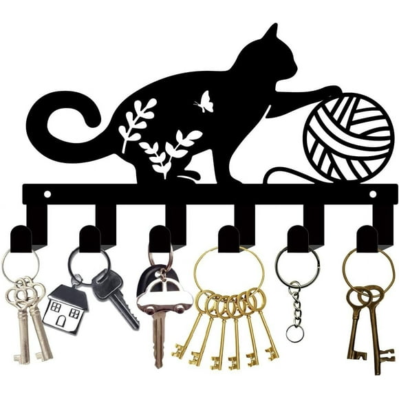Metal Key Holder Black Key Hooks Wall Mounted Key Hooks Cat Woolen Ball Key Hanger Holder with 6 Hooks Metal Key Hanging Organizer Black Rack Wall Decor for Entryway Front Door 10.6x6.3Inch