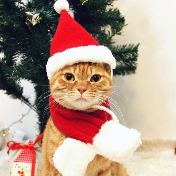 Cat Santa Hat with Scarf, Christmas Hats for Cats Small Dog Santa Hat Christmas Costume for Cat Rabbit Puppy Doll Decoration, Red L