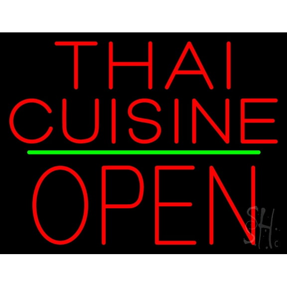 Thai Cuisine Block Open Green Line LED Neon Sign 24 x 31 - inches, Black Square Cut Acrylic Backing, with Dimmer - Bright and Premium built indoor LED Neon Sign for restaurant decor.