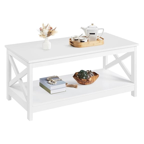 AIZYT Wood 2-Tier White Coffee Table with Storage Shelf for Living Room, X Design Accent Cocktail Table, Simple Design Home Furniture, 39.5 x 20 x 18 Inches