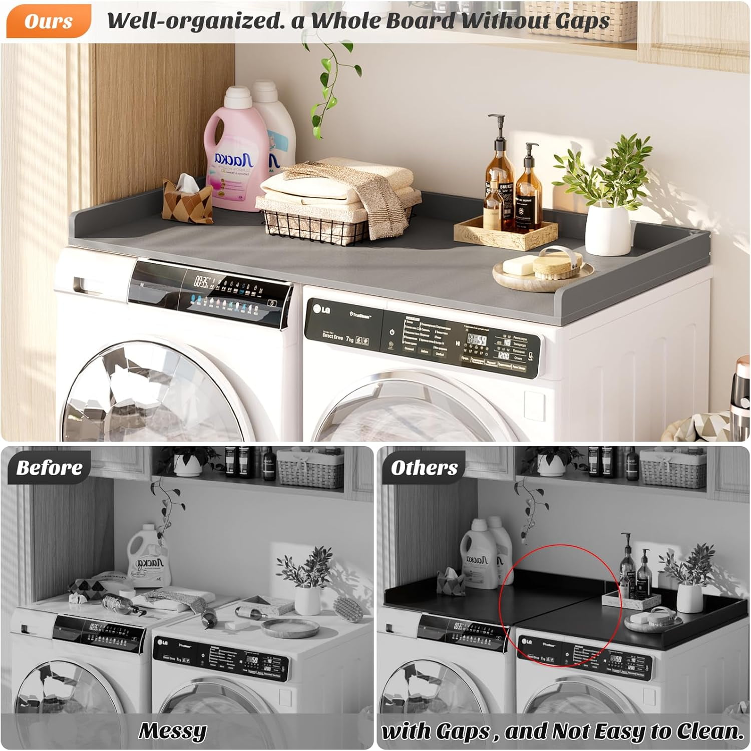 Homieasy Washer and Dryer Countertop, Laundry Room Organization with Non-Slip Pads, Wood Shelf Topper with Round Corner Edge Rails, Laundry Folding Organizer for Laundry, Gray