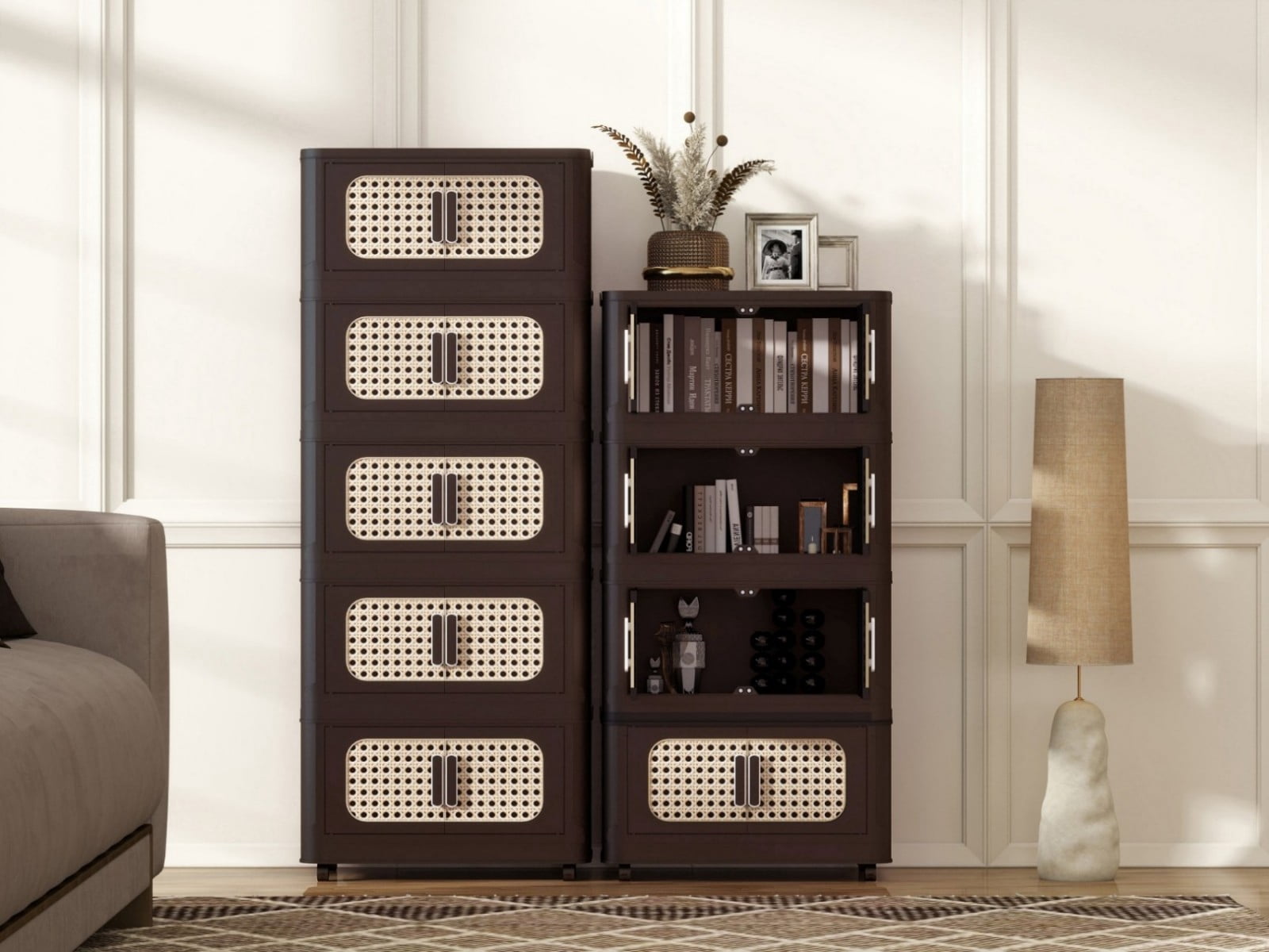 Retro Folding Storage Cabinet with Wheels, 5-Tier Collapsible Plastic Storage Organizer with Magnetic Door, Portable Wide Side Storage Cabinet for Living Room, Bedroom, Kitchen, Brown
