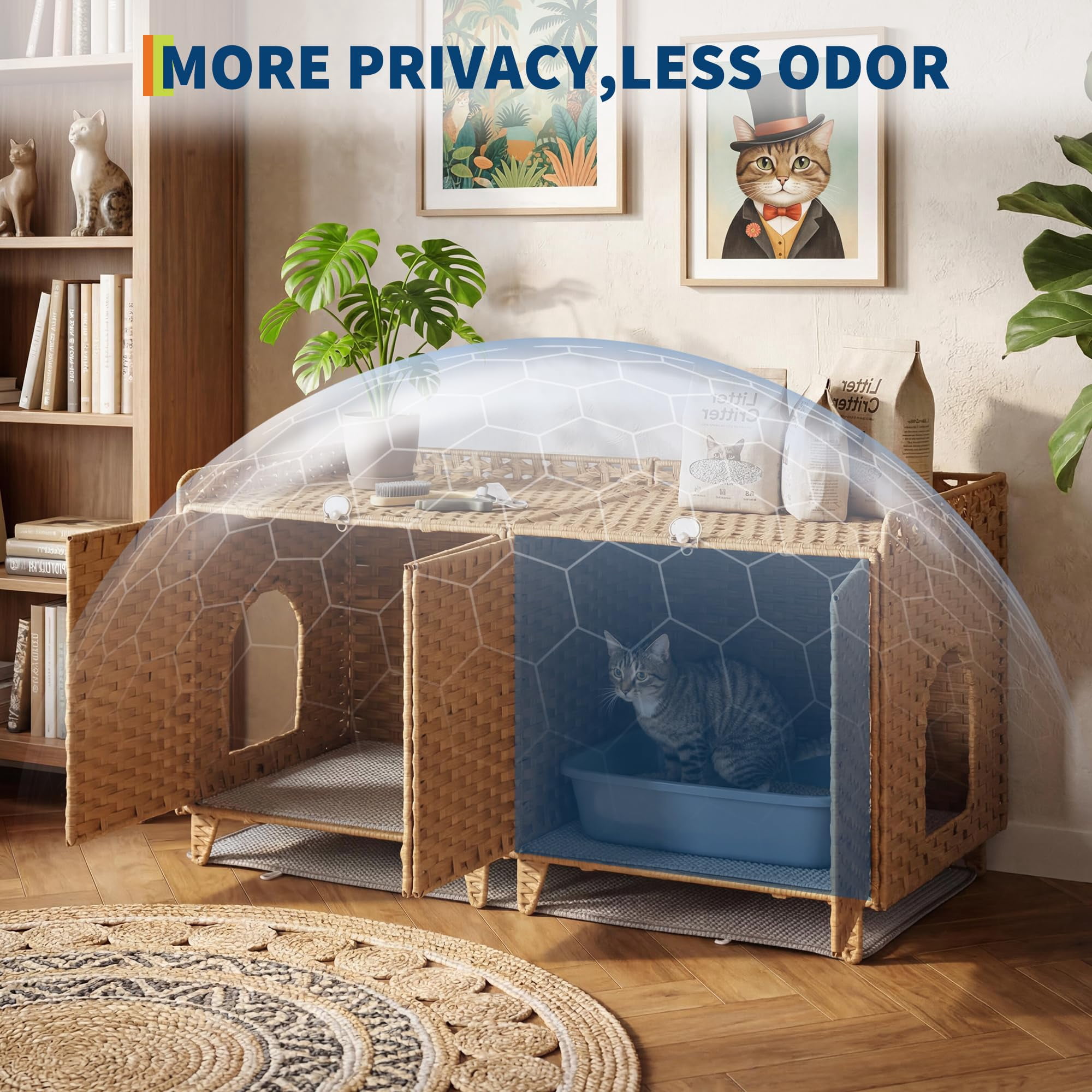Double Litter Box Enclosure for 2 Cats - Rattan Hidden Cat Furniture with Litter Mat 2 Hooks & Doors, Large Cat House for 2 Litter Boxes, Easy Clean, 47.2" l x 19.7" w x 23.6" h Brown