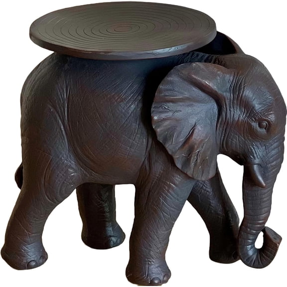 WHW Elephant Side Table, Round Top, Handcast Resin, Brown, 22.75 Inches
