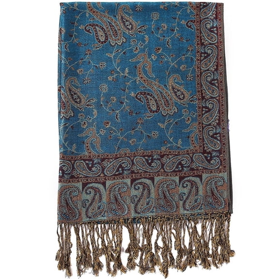 Paisley Flowers Borders Pattern Pashmina Silk Scarf Shawl Wrap Blanket Reversible Comfortable With Fringes (13-Turquoise)